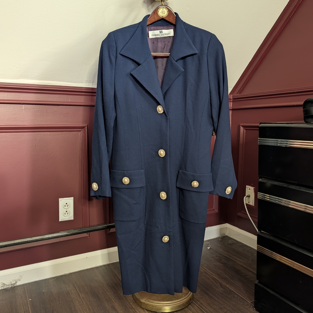 Pierre Balmain 80s Vintage Navy Wool Pearl Crystal Gold Button Power Coat Dress